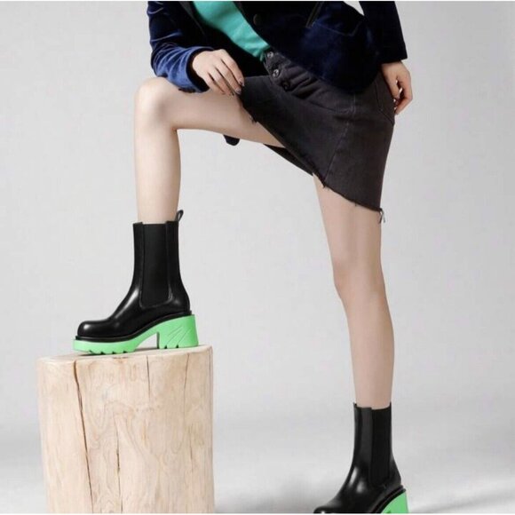BOTTEGA VENETA Flash Chelsea Boots Platform Black Green Leather US 7.5 EU 37.5 - Picture 2 of 14